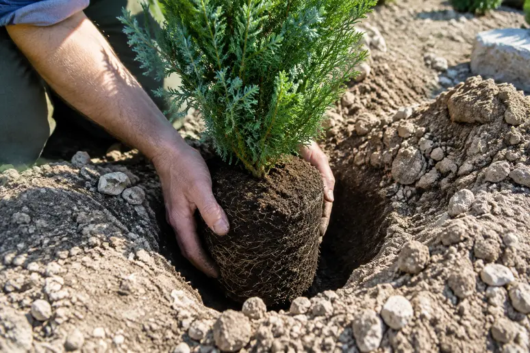 Plantation d'un arbuste persistant pour brise-vent végétal en sol drainant