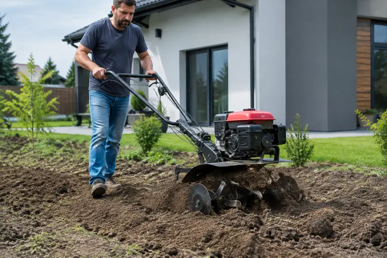 Décompactage mécanique d'un sol de jardin après la construction d'une maison neuve