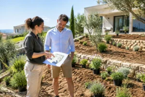 Propriétaires en train de planifier un projet pour aménager jardin après construction à Montpellier