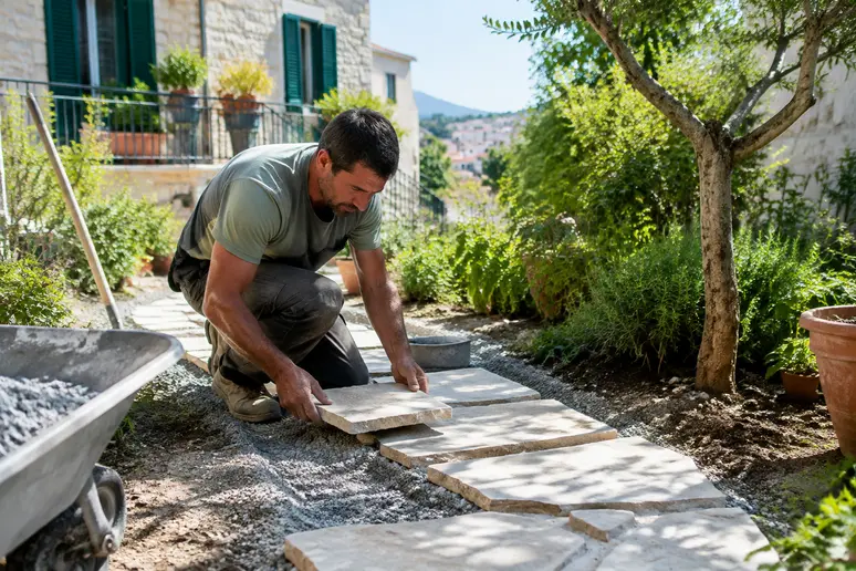 Pose de dalles et de gravier stabilisé pour structurer un cheminement dans un jardin urbain à Montpellier