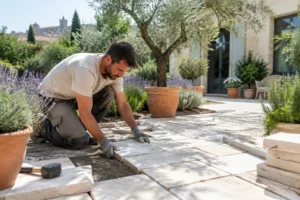 Pose de dalles en pierre naturelle pour aménager jardin de ville à Montpellier avec des plantes méditerranéennes.