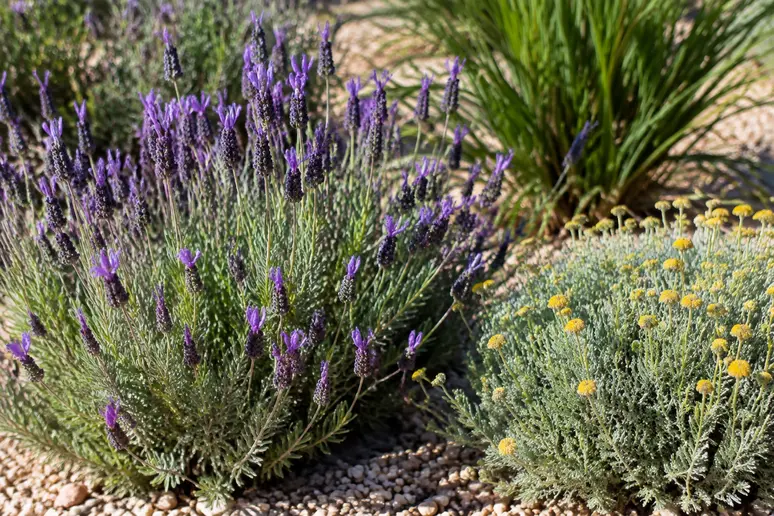 Massif de plantes méditerranéennes résistantes à la sécheresse dans un jardin ensoleillé