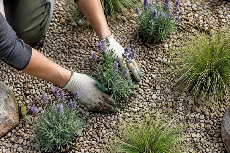 Espacement des plants de lavande et graminées pour associer lavande, graminées et arbustes persistants avec un bon drainage.