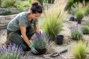 Jardinier plantant des végétaux pour associer lavande, graminées et arbustes persistants dans un massif sec