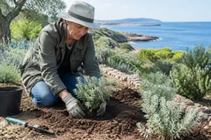 Jardinier plantant des végétaux côtiers pour choisir plantes contre embruns dans l'Hérault près de la mer