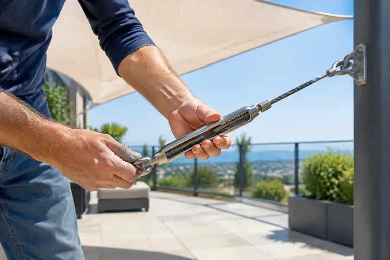 Mains ajustant le tendeur en inox d'une voile d'ombrage sur une terrasse ensoleillée