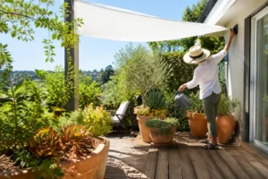 Aménagement avec voile d'ombrage et plantes pour concevoir terrasse dans un jardin plein sud