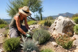 Aménagement paysager pour créer massif pour terrain sec dans l'Hérault avec des plantes résistantes au soleil.