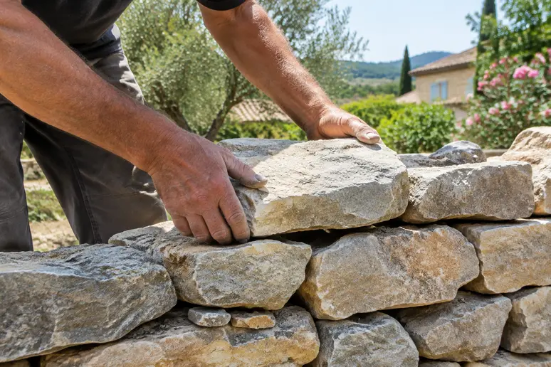 Mains posant une pierre calcaire pour créer un muret sec dans l'Hérault