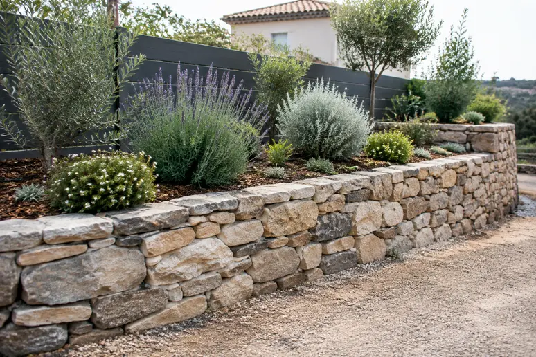 Muret sec planté le long d'une limite de propriété dans un jardin méditerranéen