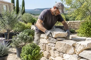 Un jardinier assemble des pierres calcaires pour créer un muret sec planté dans l'Hérault ensoleillé