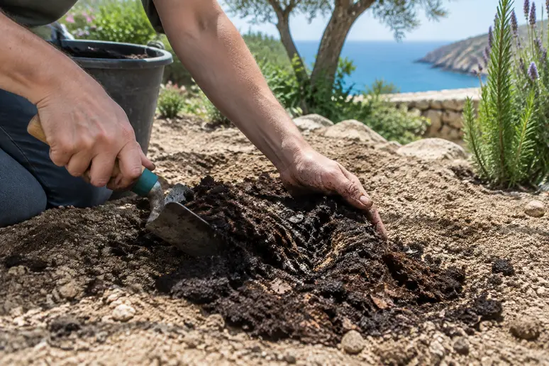 Jardinier incorporant du compost organique dans le sol sableux d'un jardin méditerranéen.