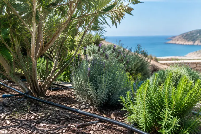 Système d'arrosage goutte-à-goutte installés au pied des massifs d'un jardin de bord de mer.