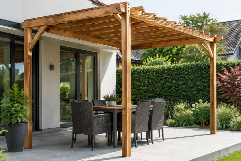 Installation d'une pergola en bois sur une terrasse de maison individuelle