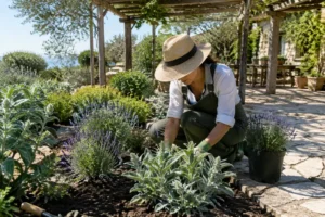 Aménagement paysager pour organiser zones soleil et ombre jardin méditerranéen avec des plantes résistantes