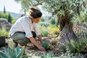 Jardinier qui s'affaire à planter au pied d'un olivier dans un jardin méditerranéen ensoleillé.