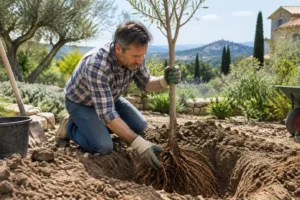 Jardinier plantant un jeune végétal lors d'une session de planter des arbres à racines nues Hérault ensoleillée.
