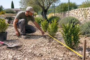 Un jardinier mesure les distances pour planter haie sur sol calcaire et venté dans l'Hérault en respectant les limites.