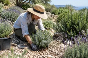 Jardinier plantant un arbuste méditerranéen dans un sol rocailleux avec des plantes adaptées jardin de garrigue