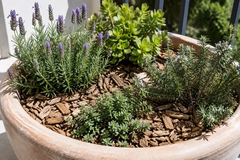 Grand pot clair avec paillage végétal pour protéger les plantes des fortes chaleurs sur une terrasse