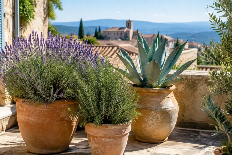 Aménagement de plantes résistantes au soleil et à la sécheresse sur une terrasse exposée plein sud
