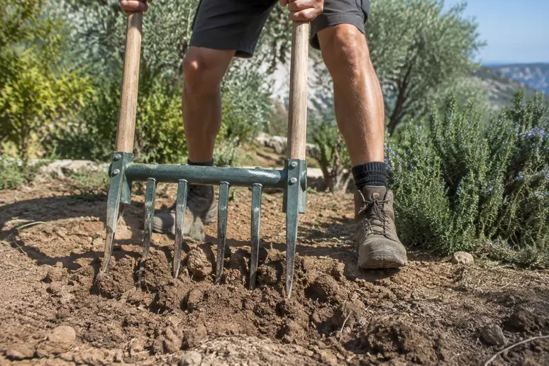 Jardinier aérant la terre du potager avec une grelinette sans la retourner