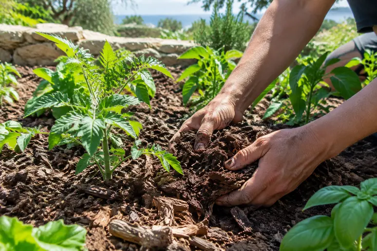 Mains étalisant un paillage organique protecteur sur le sol du potager automnal