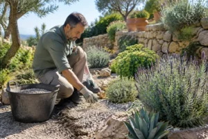 Jardinier étalant du gravier minéral pour prolonger la floraison dans un jardin sec du Sud