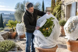 Un jardinier protège des plantes en pot avec un voile d'hivernage pour préserver les végétaux lors d'épisodes de gel dans l'Hérault.