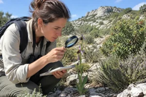 Un botaniste examine la flore sauvage pour reconnaître espèces protégées avant d'aménager un jardin de garrigue.