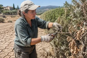 Jardinier taillant une branche pour rénover haie libre après été sec dans l'Hérault