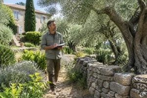 Un paysagiste examine des oliviers anciens lors de la mission pour rénover jardin ancien dans l'Hérault.