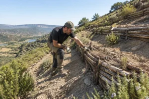 Examen de fascines végétales pour stabiliser pente sèche avec fascines végétales dans l'Hérault sur un talus aride.