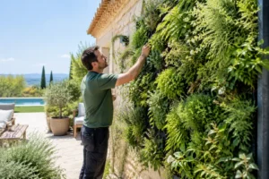 Un paysagiste examine un mur végétal au soleil dans l'Hérault sur une façade en pierre.