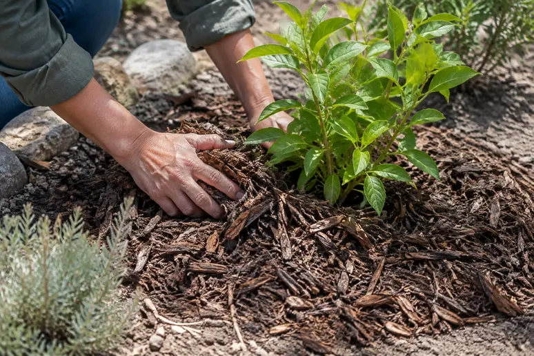 Mains ételant du paillage organique au pied des plantes pour retenir l'humidité