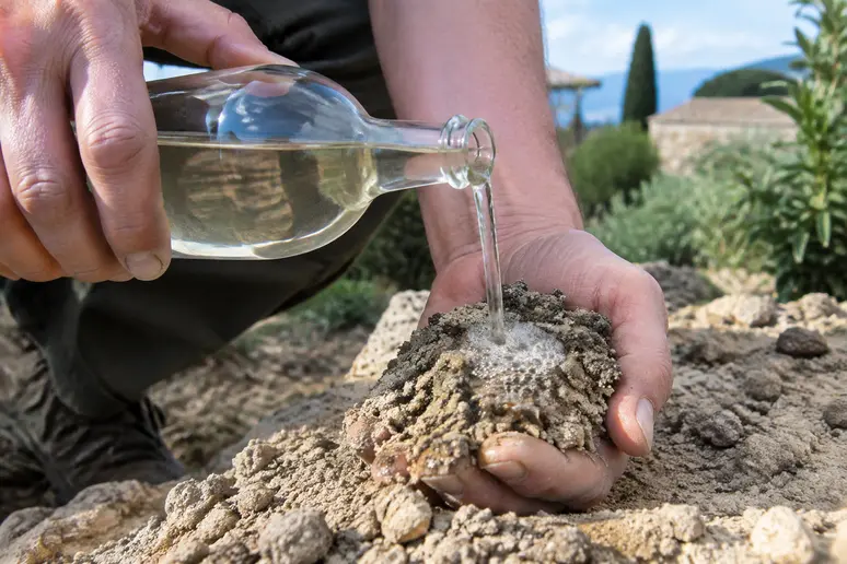 Jardinier versant du vinaigre sur un échantillon de terre pour tester le calcaire.