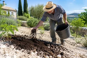 Jardinier appliquant du compost pour améliorer un sol calcaire de jardin dans l'Hérault ensoleillé