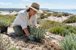 Jardinier plantant des végétaux résistants pour aménager un jardin sur sol sableux du littoral héraultais ensoleillé.