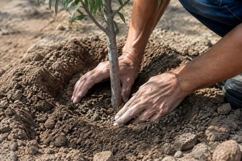 Un jardinier vérifiant le niveau du collet d'un jeune arbre lors de sa plantation en terrain sec