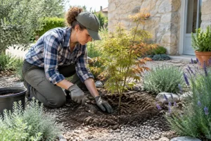 Jardinier plantant un arbre résistant à la sécheresse dans un petit jardin ensoleillé