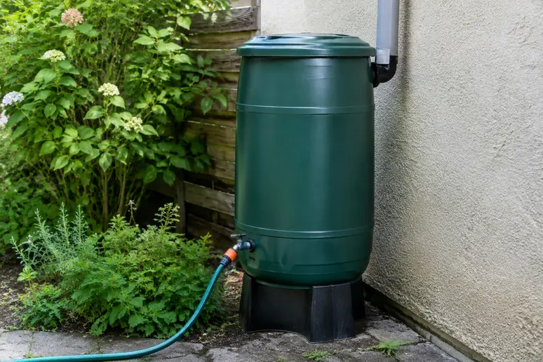 Récupérateur d'eau de pluie raccordé pour l'arrosage autonome du jardin