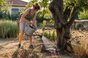 Jardinier arrosant un grand arbre fruitier lors d'un arrosage d'un jardin après une période de canicule
