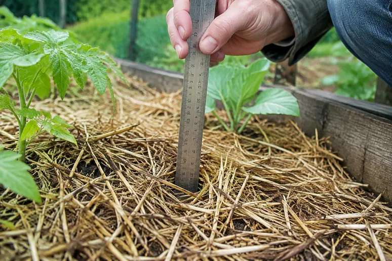 Mesure de l'épaisseur d'une couche de paille au potager avec une règle
