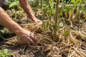 Jardinier qui s'active pour choisir un paillage pour climat chaud et sec au potager.