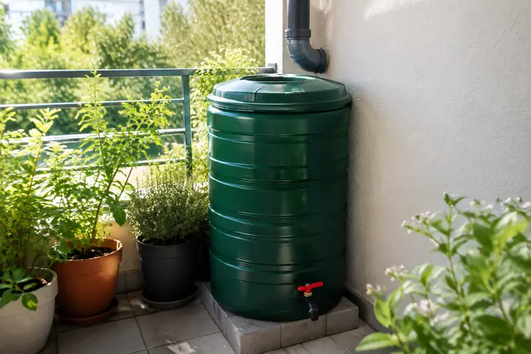 Petit récupérateur d'eau installé sur un balcon ensoleillé avec des plantes