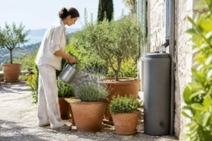 Un jardinier arrose des pots de plantes méditerranéennes près d'un récupérateur pour dimensionner une réserve d'eau de pluie pour un jardin méditerranéen.