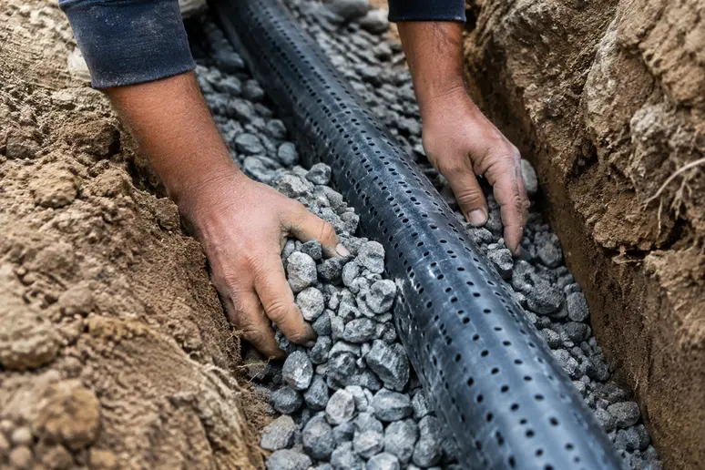 Mains installant un lit de gravier et un tuyau de drainage dans une tranchée.