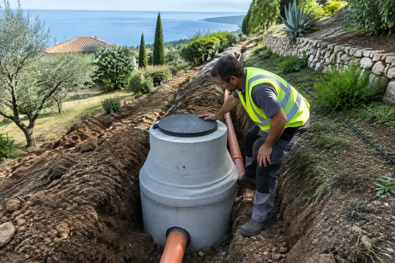Installation d'un regard de visite sur un réseau de drainage en pente.