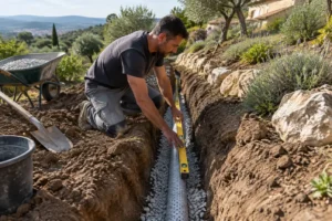 Un paysagiste installe un tuyau de drainage pour drainer un jardin en pente dans l'Hérault.