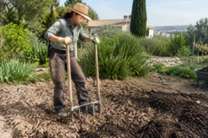 Jardinier aérant la terre pour éviter le tassement d'un sol argileux avant plantation à Montpellier.